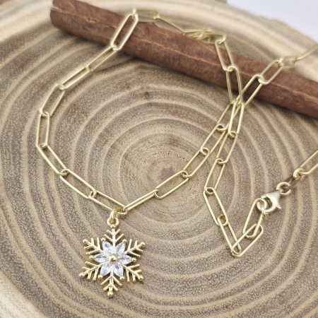 NASZYJNIK SREBRNY SPINACZ ŁAŃCUCH ŚNIEŻYNKA CYRKONIE SREBRO 925 ZŁOCONE